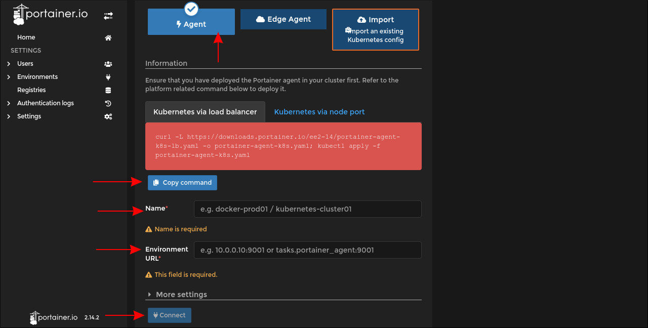 Скриншот экрана настройки агента Portainer