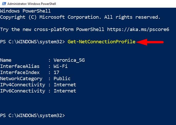Результат команды Get-NetConnectionProfile в PowerShell