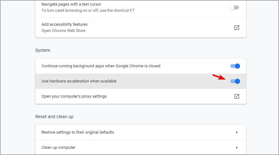 Параметр использования аппаратного ускорения в Chrome