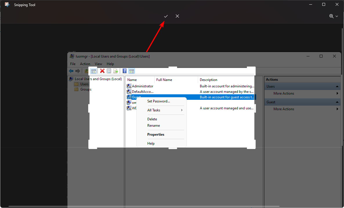 Подтверждение обрезки в Snipping Tool