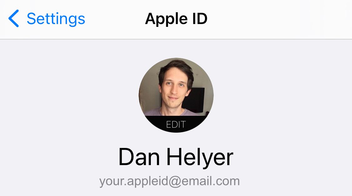 Apple ID settings with username on iPhone