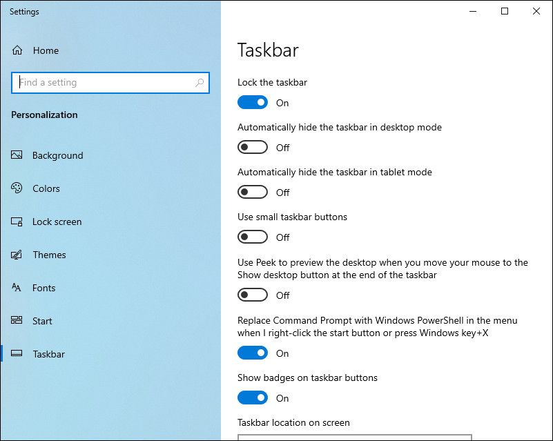 Параметры панели задач в Windows