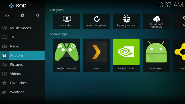 Скриншот: интерфейс Kodi на Android TV