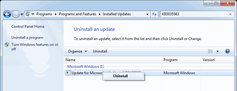 Контекстное меню для удаления обновления KB3035583