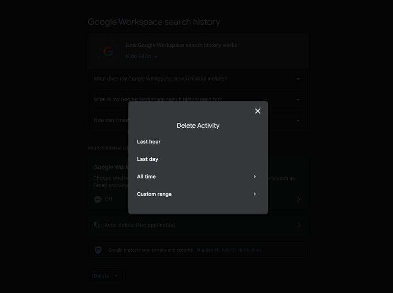 выбрать диапазон для удаления истории поиска google workspace