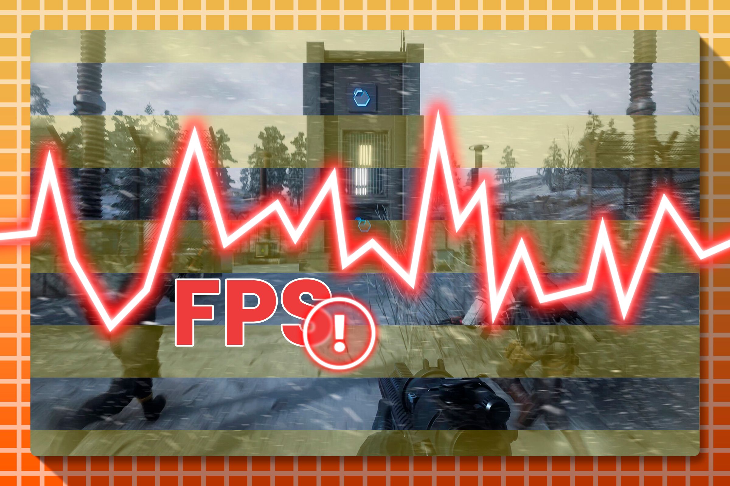 Игра с горизонтальными линиями, иллюстрирующими микрозадержки, и график изменения FPS.