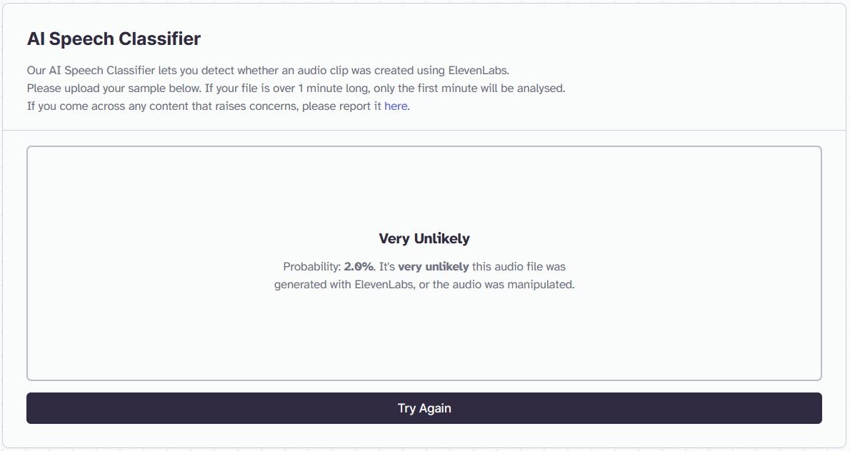 Результат классификатора ElevenLabs: голос человека, низкая вероятность синтеза
