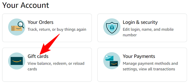 Выберите раздел «Подарочные карты» на странице аккаунта.
