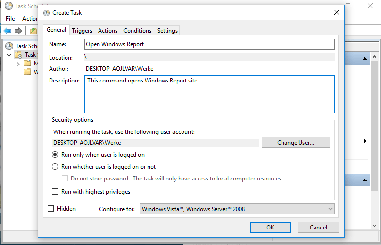 Окно создания задачи — вкладка Общие Планировщика заданий