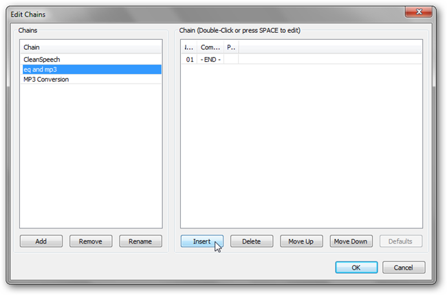 Окно редактирования цепочек с кнопкой Add