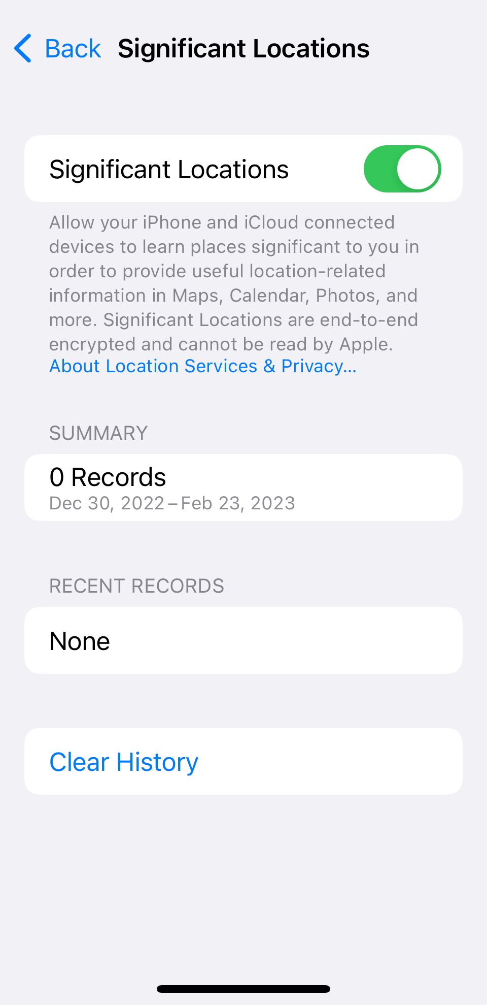 Экран «Значимые местоположения» в настройках iPhone