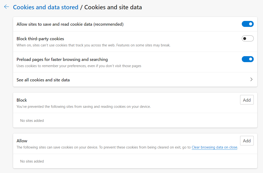 Опции cookie в Microsoft Edge — включение и выключение переключателей