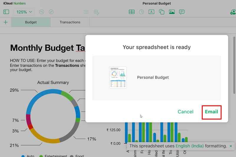 Диалог 'Ваша таблица готова' — выбор Email