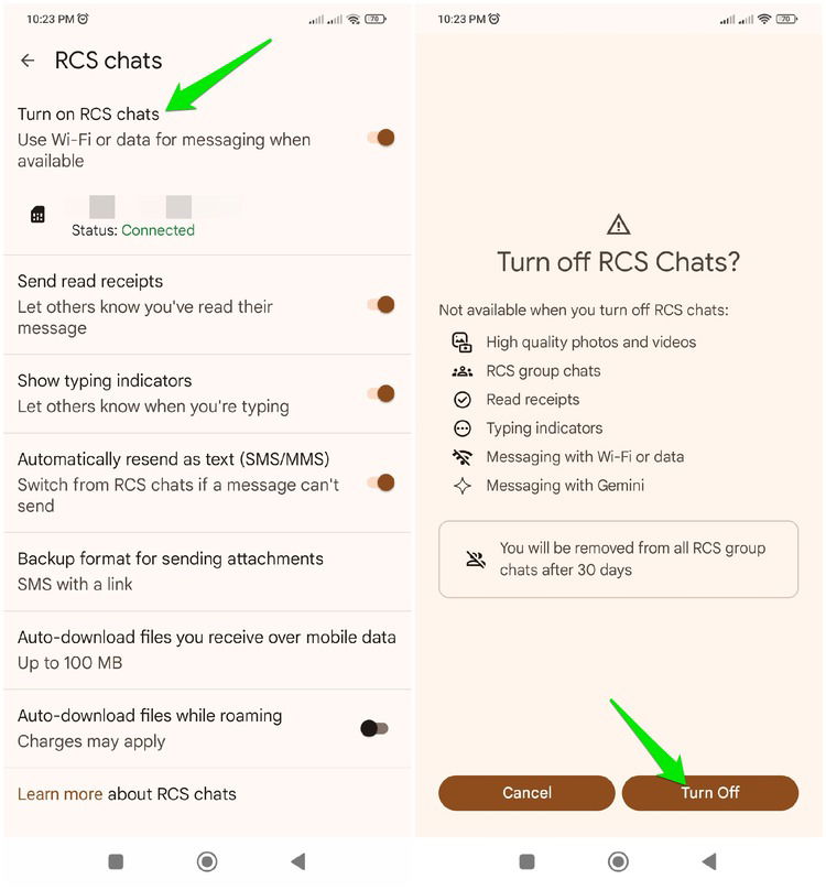 Отключение чатов RCS в Google Messages