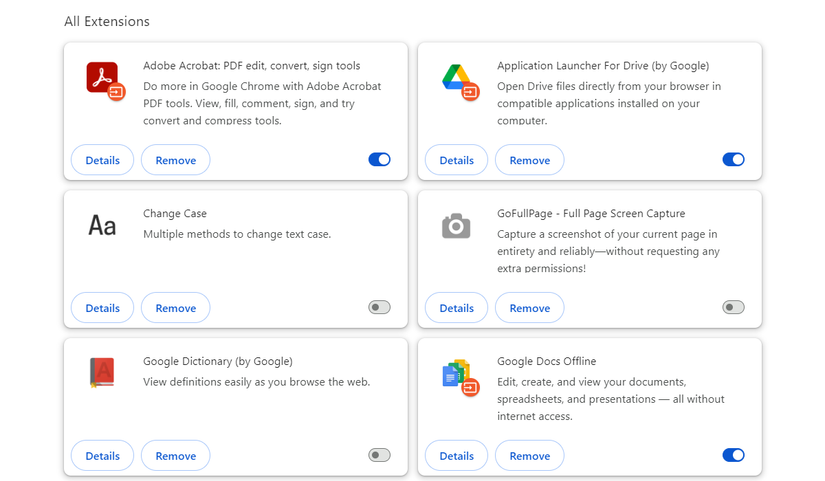 Страница расширений в Google Chrome.
