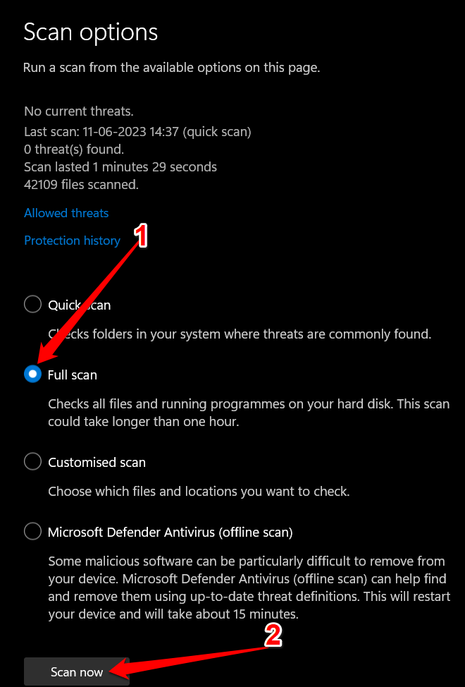 Выберите Полное сканирование и нажмите Сканировать сейчас