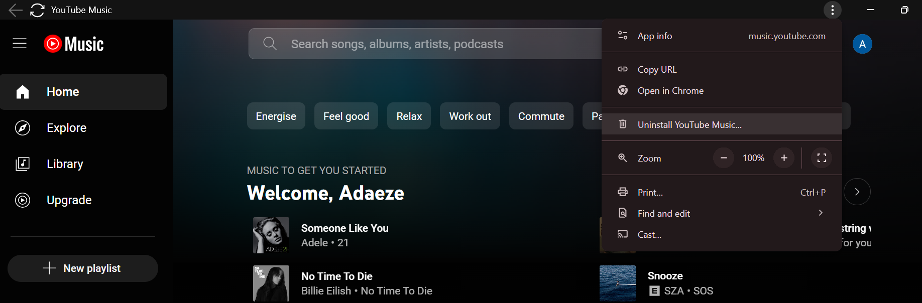 Опции удаления PWA YouTube Music в Chrome