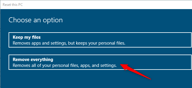 Параметр «Удалить всё» в интерфейсе сброса Windows