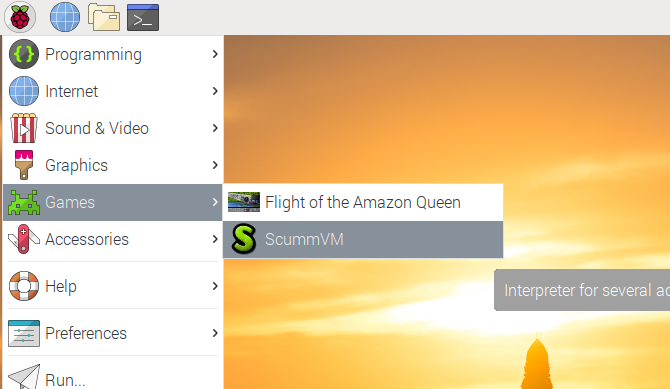 Запуск ScummVM в меню Raspbian