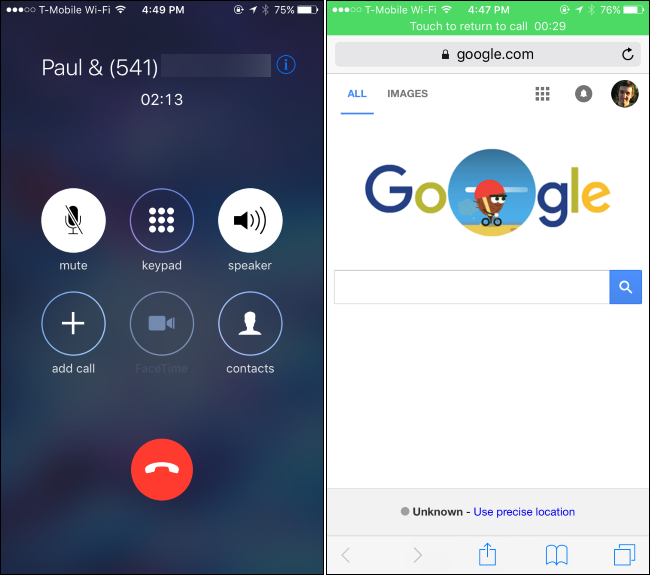 Индикатор «Нажмите, чтобы вернуться к вызову» в зеленой полосе сверху экрана iPhone
