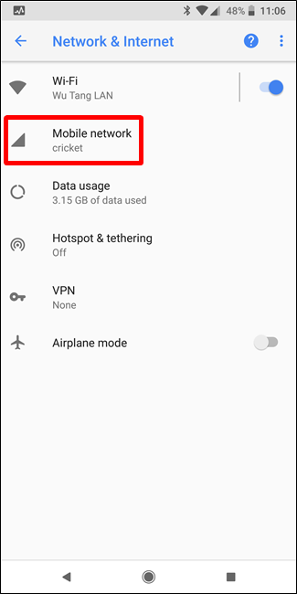 Параметры мобильной сети в Android Oreo