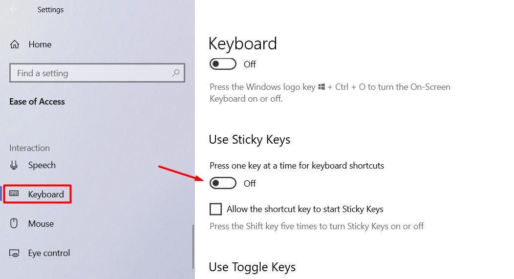 Переключатель Use Sticky Keys в Windows 10