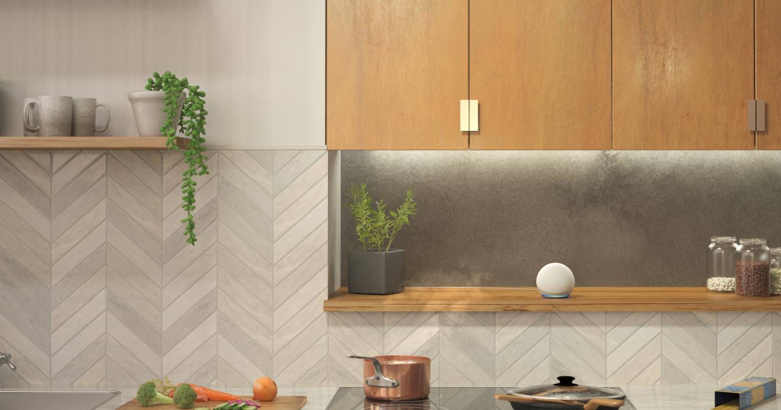 Amazon Echo Dot на полке на кухне