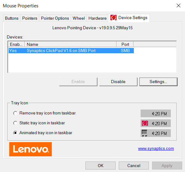 Параметры Synaptics в дополнительных настройках мыши