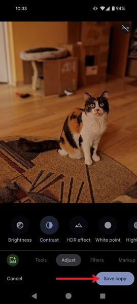 Нажмите Сохранить копию в Google Photos после редактирования изображения