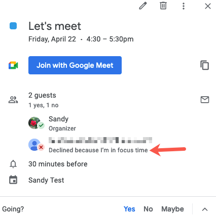 Сообщение об отклонении встречи в Google Calendar