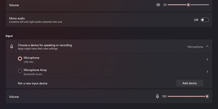 Параметры ввода звука