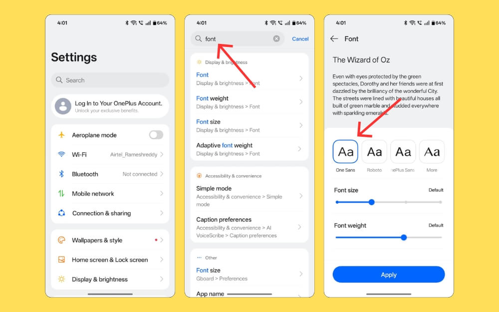 настройки шрифта на Android – экран установки