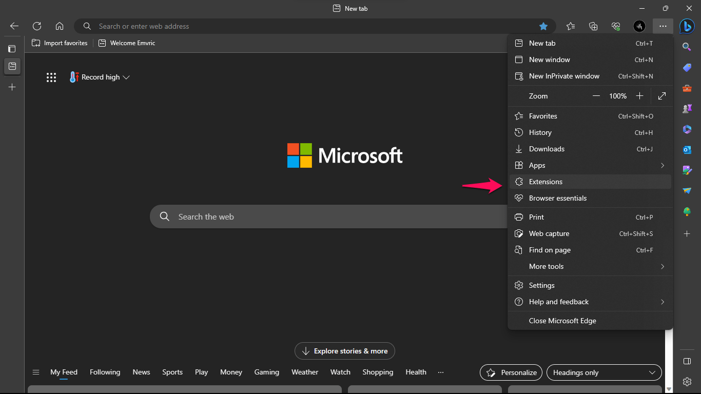 Страница управления расширениями в Edge
