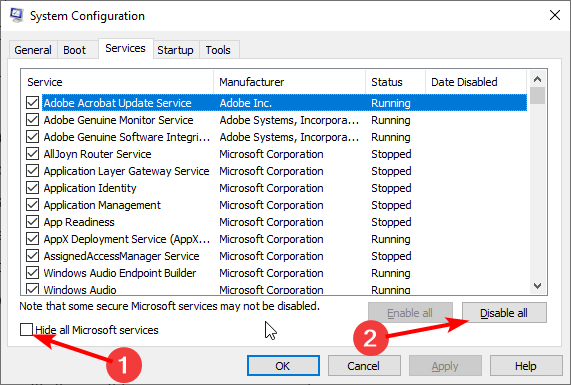 Скрыть все службы Microsoft