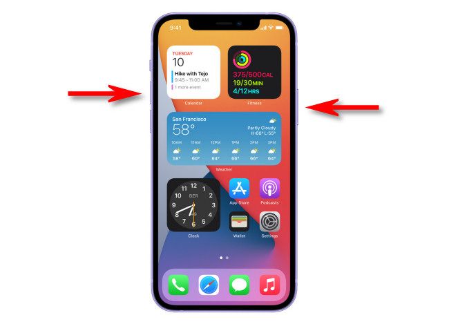 На iPhone 12 нажмите одновременно боковую кнопку и кнопку увеличения громкости.