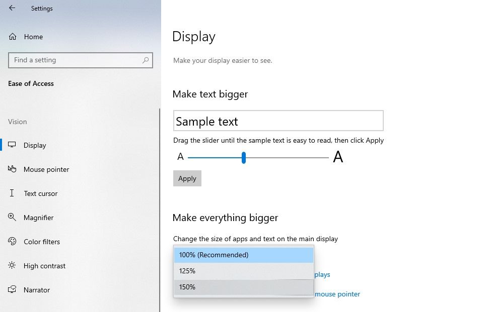 изменение размера шрифта и элементов экрана в параметрах Windows