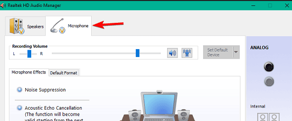 Вкладка микрофона в Realtek