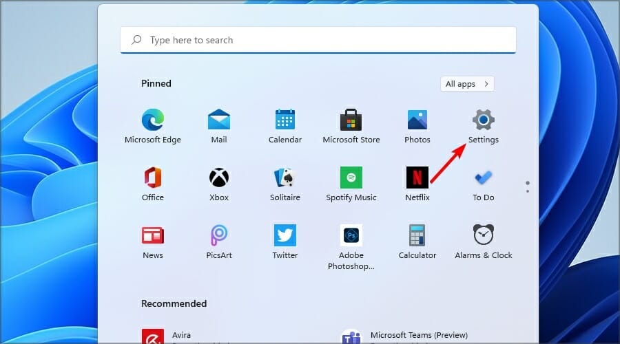 Пункт 'Параметры' в меню Пуск Windows 11