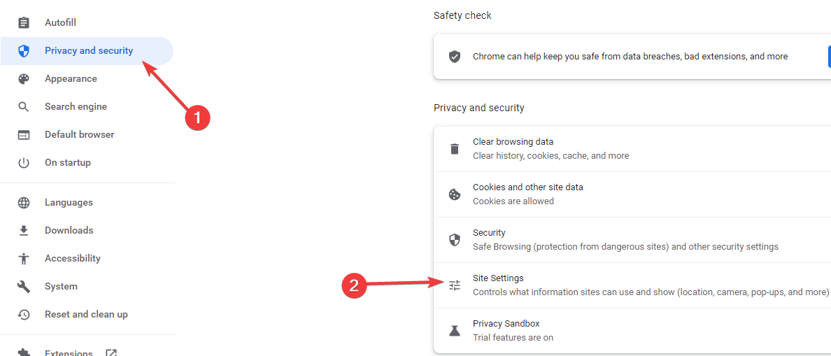 Список сайтов и доступные разрешения