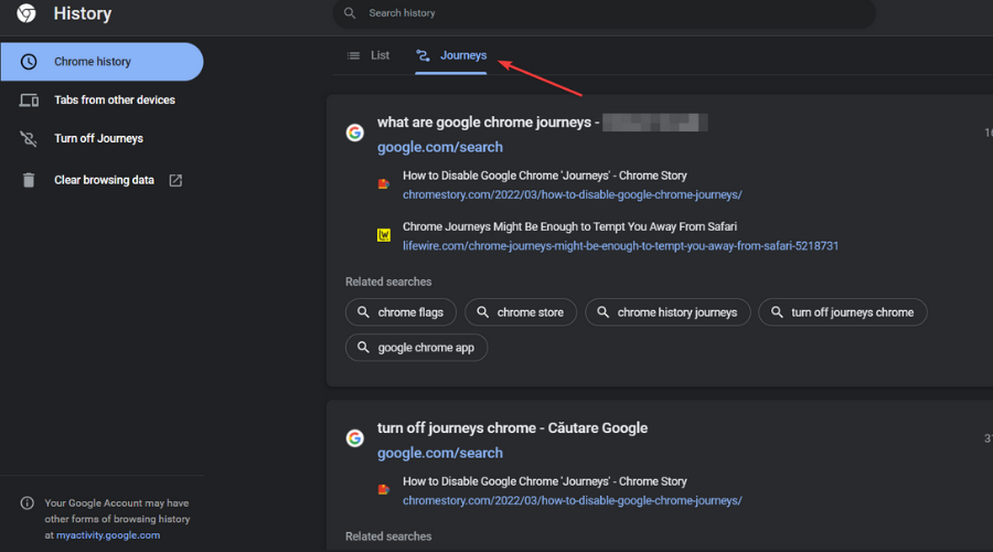 Интерфейс Journeys в истории Chrome