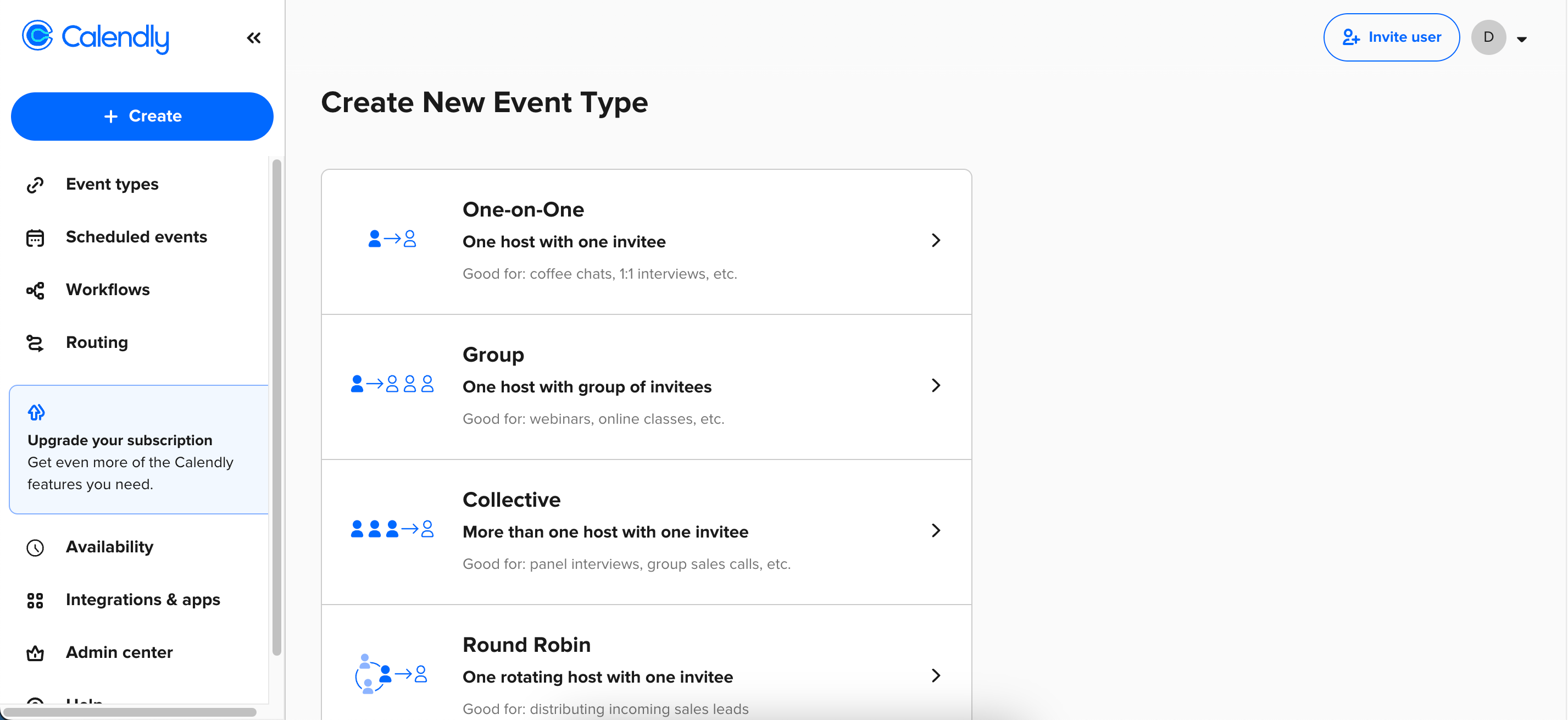 Выбор типа события при создании нового в Calendly