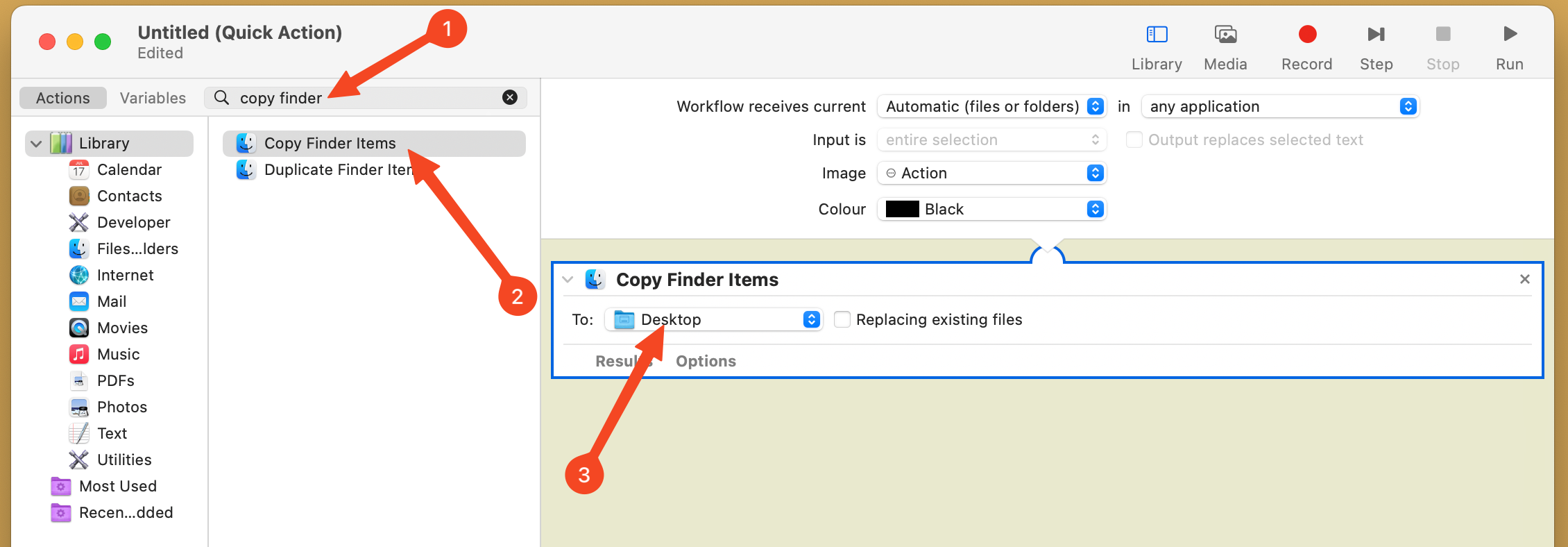 Опция копирования файлов Finder в Automator для сохранения оригиналов.