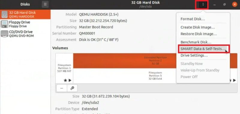 Как запустить проверку SMART через GNOME Disks.