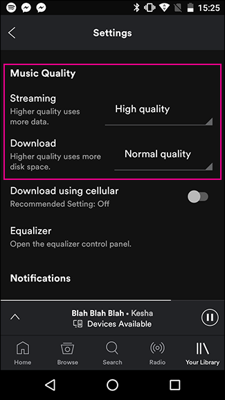 Параметры качества звука на Android: Normal, High, Extreme