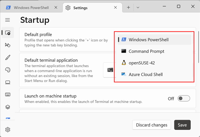 Список доступных профилей в Windows Terminal: PowerShell, CMD, Azure и другие.