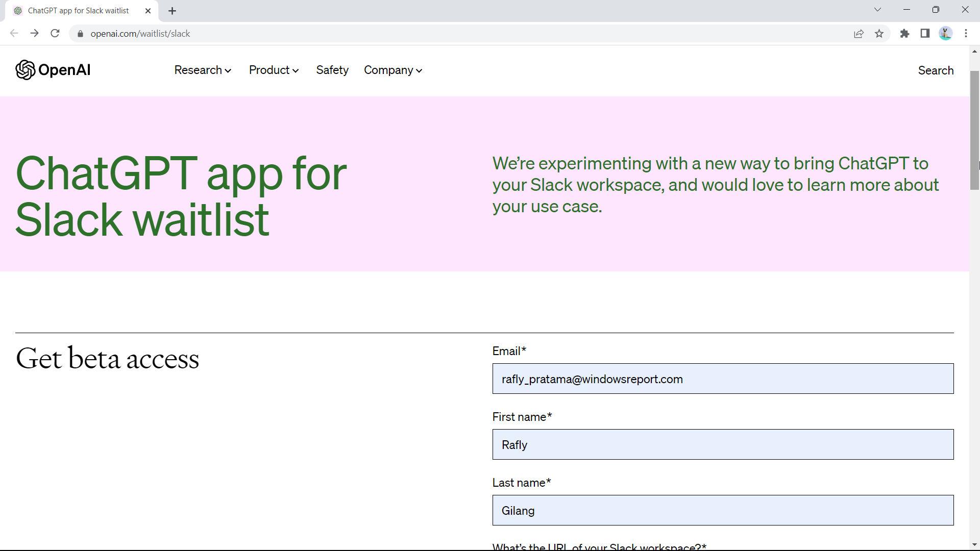 Форма регистрации на сайте OpenAI для интеграции со Slack