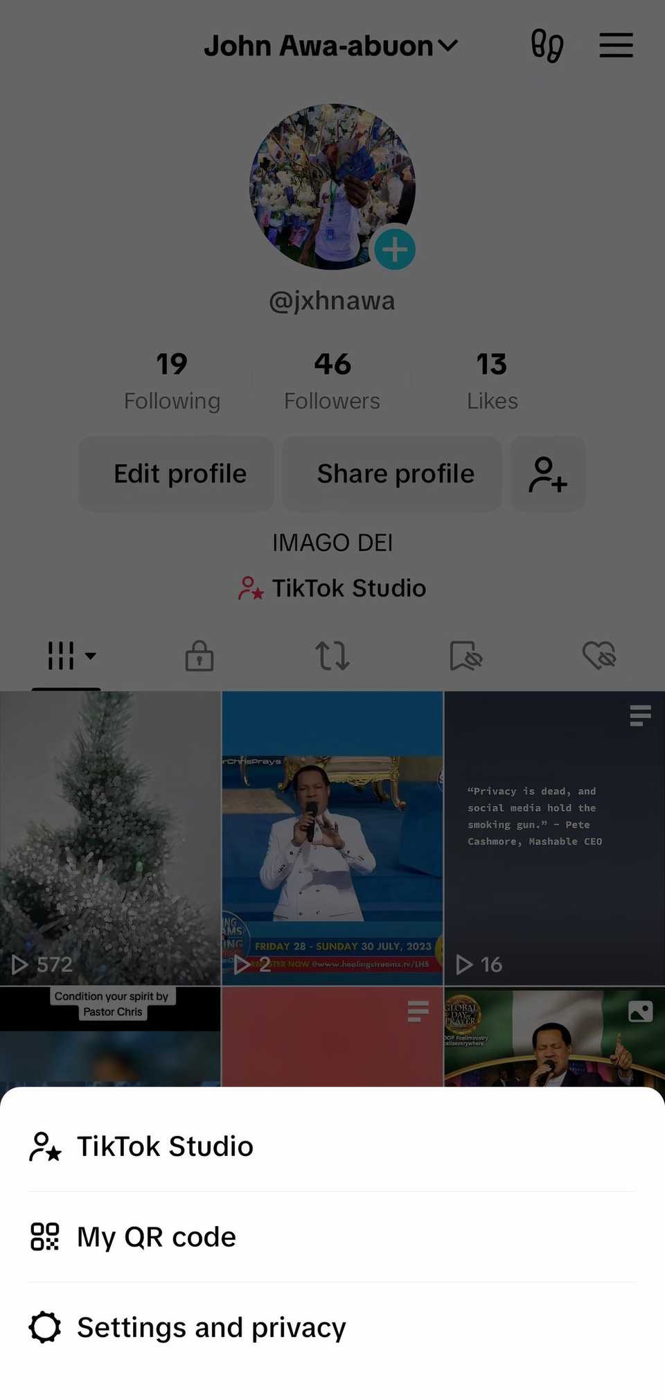 Скриншот страницы профиля TikTok пользователя