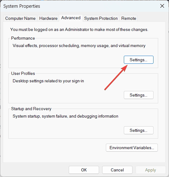 Окно настроек производительности Windows