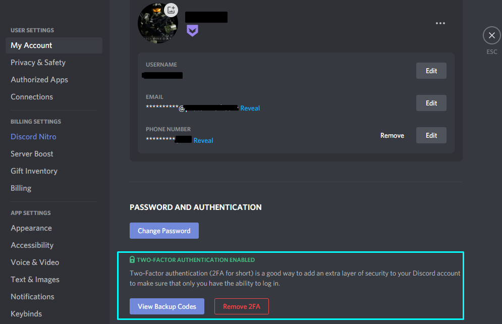 Процесс включения двухфакторной аутентификации в Discord