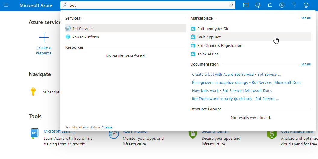 Найти Web App Bot в Marketplace, раздел Bot Services